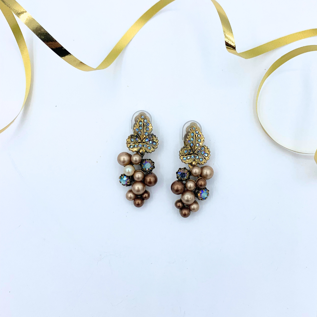Vintage Schiaparelli Baroque Leaf Earrings with Pearl Clusters