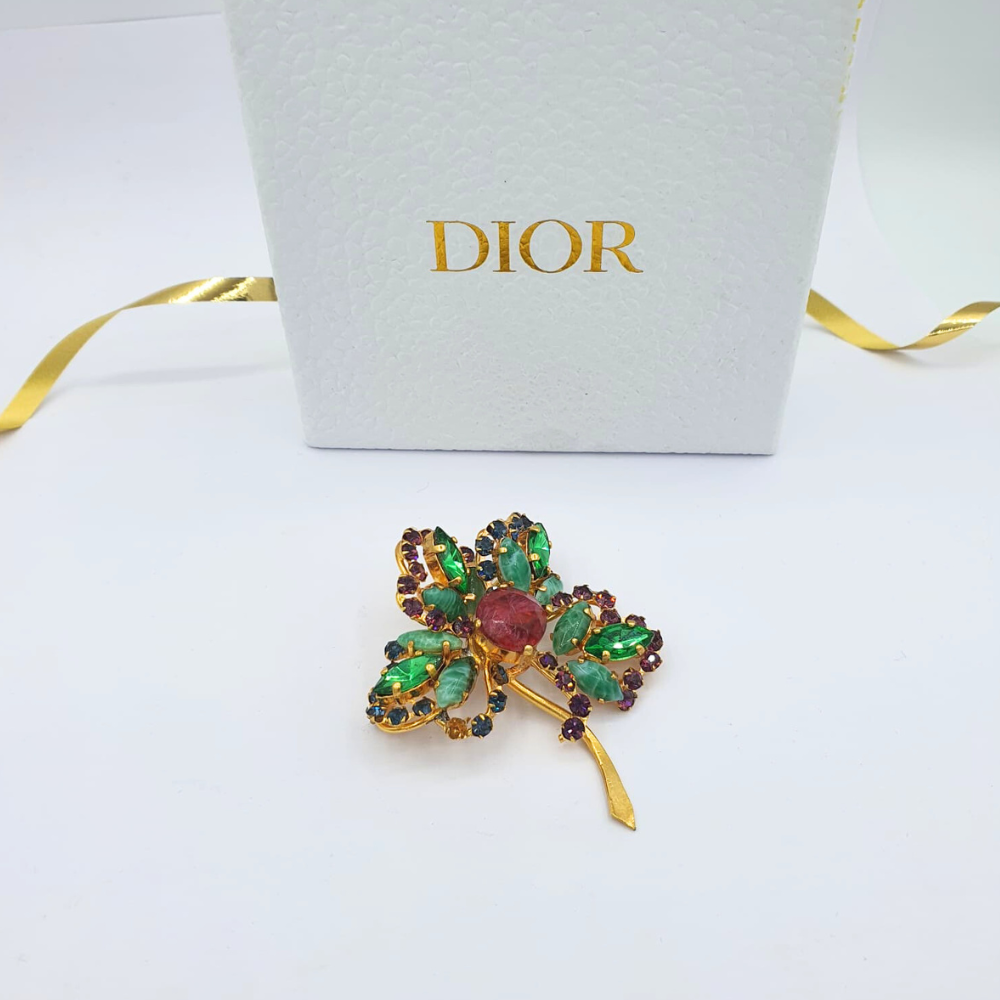 Vintage Signed Christian Dior Brooch – 1958 – Floral Motif with Crystals – view 2