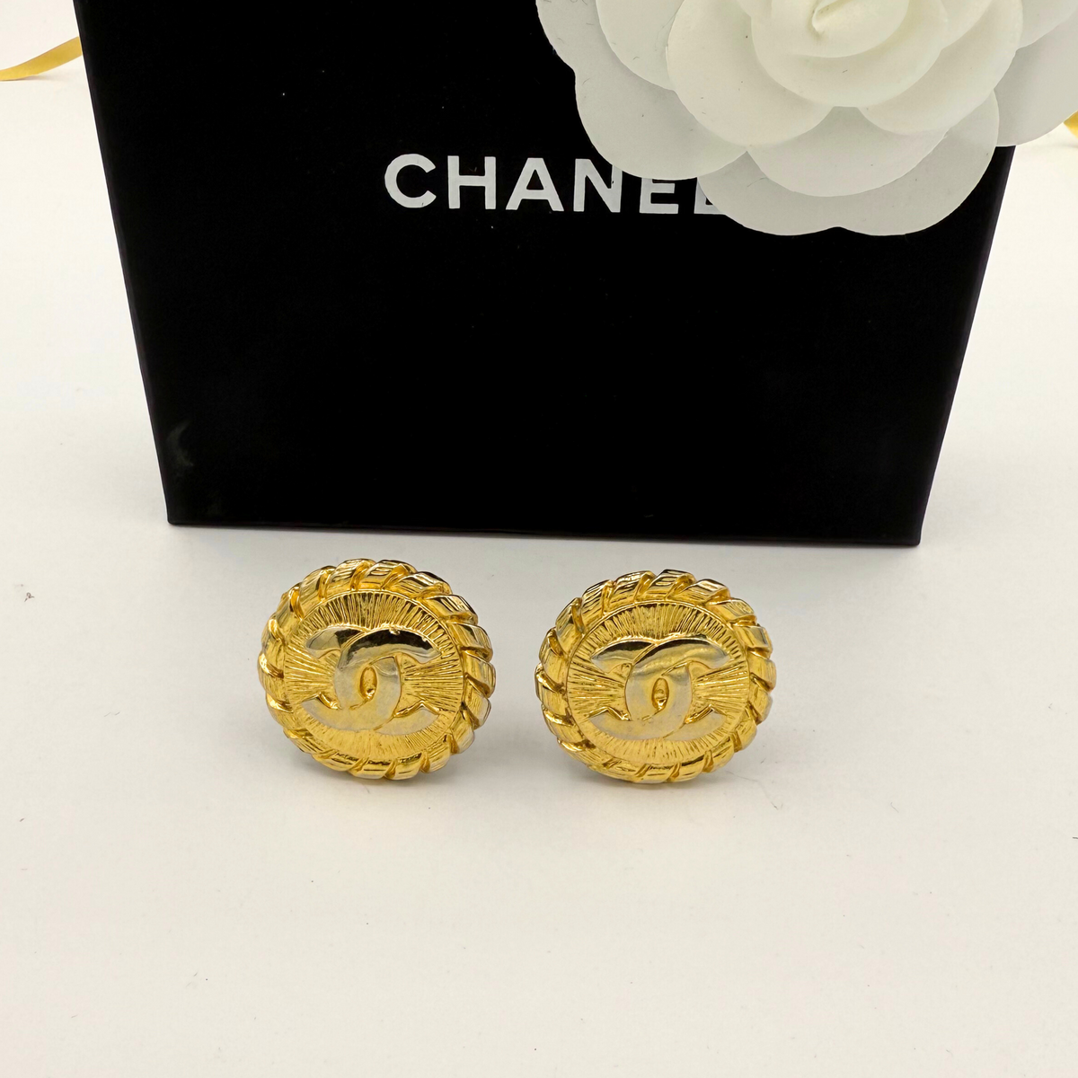 Vintage CC Logo Clip Earrings Braided Border