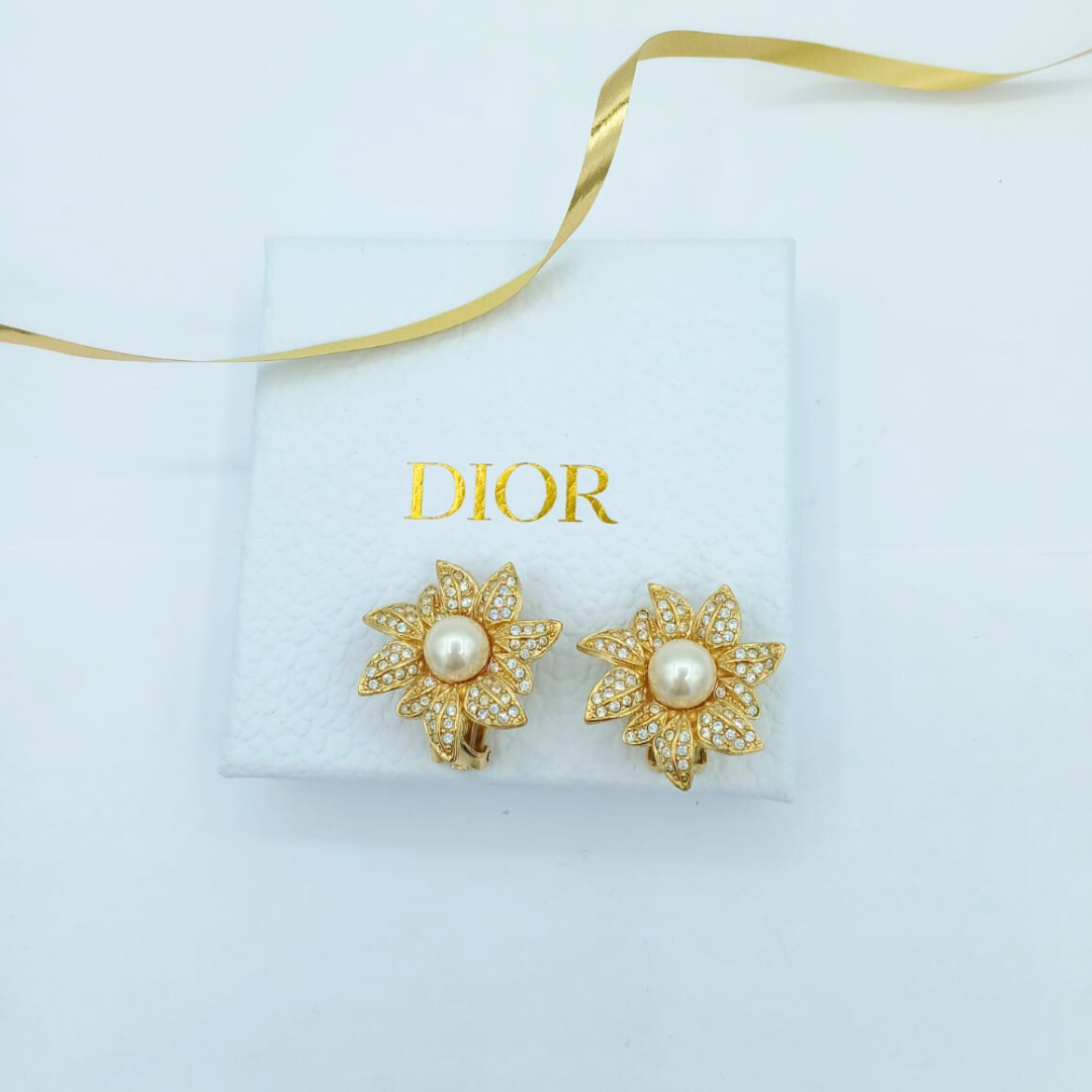 Vintage Christian Dior Open Flower Faux Pearl Earrings 1970s