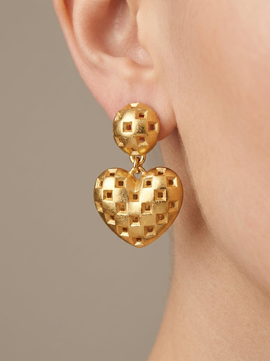 Vintage Escada Gold Heart Clip Earrings – worn by model, close-up