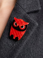 Vintage Lea Stein Owl Brooch in Rhodoid – worn by model, close-up