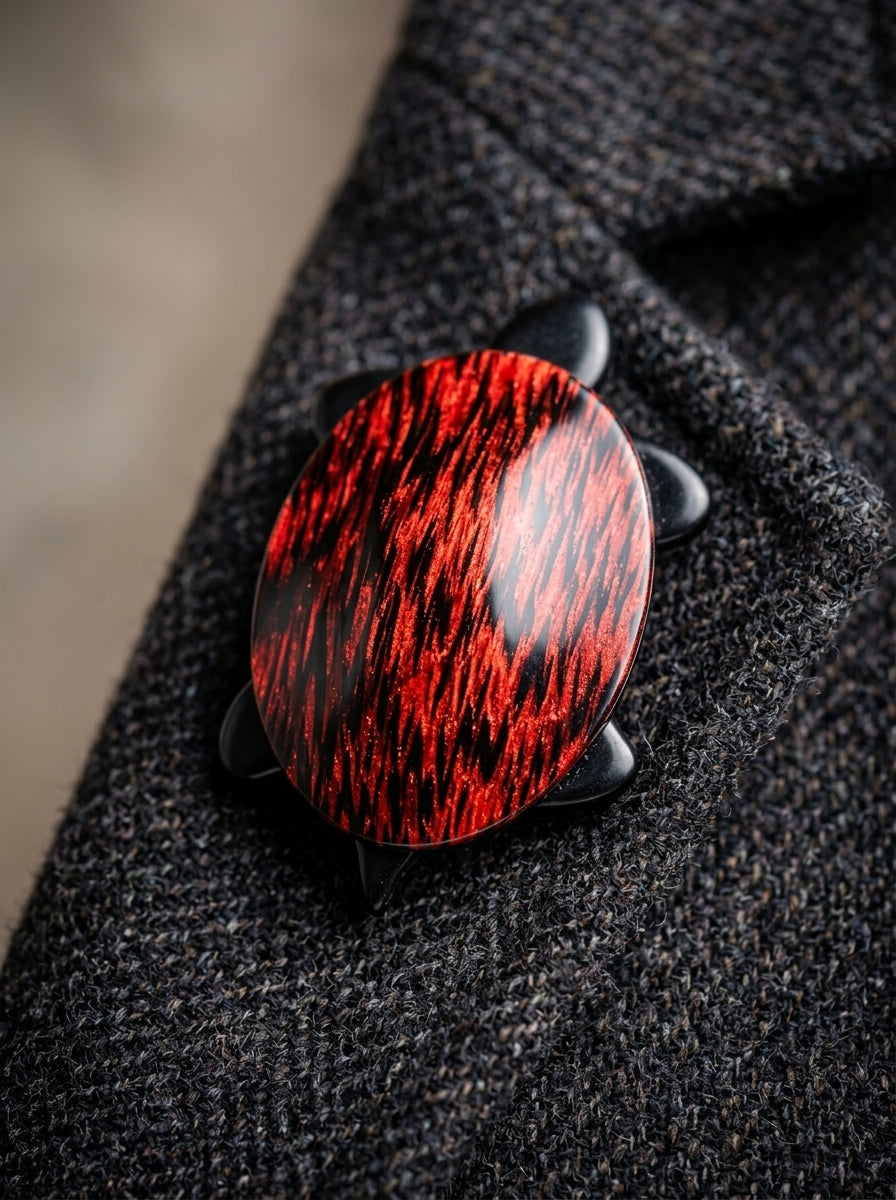 Vintage Lea Stein XL Turtle Brooch in Red Rhodoid – worn by model, close-up