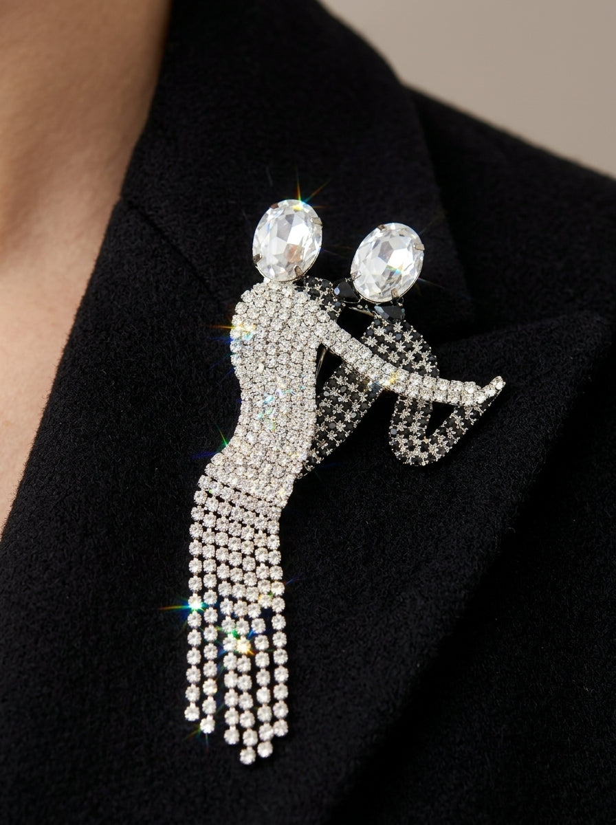 Vintage Crystal Dancing Couple XL Statement Brooch – worn by model, close-up