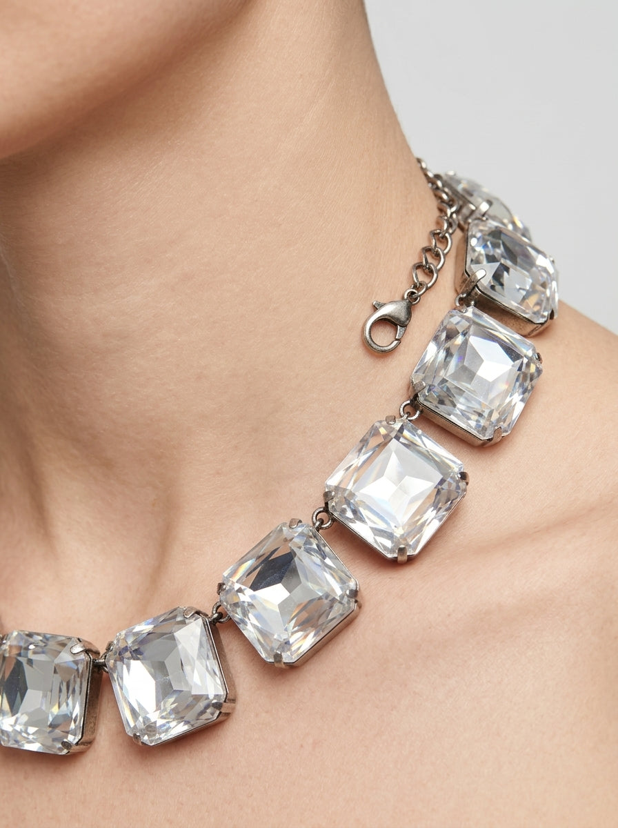 Vintage Moschino Crystal Statement Necklace – worn by model, close-up