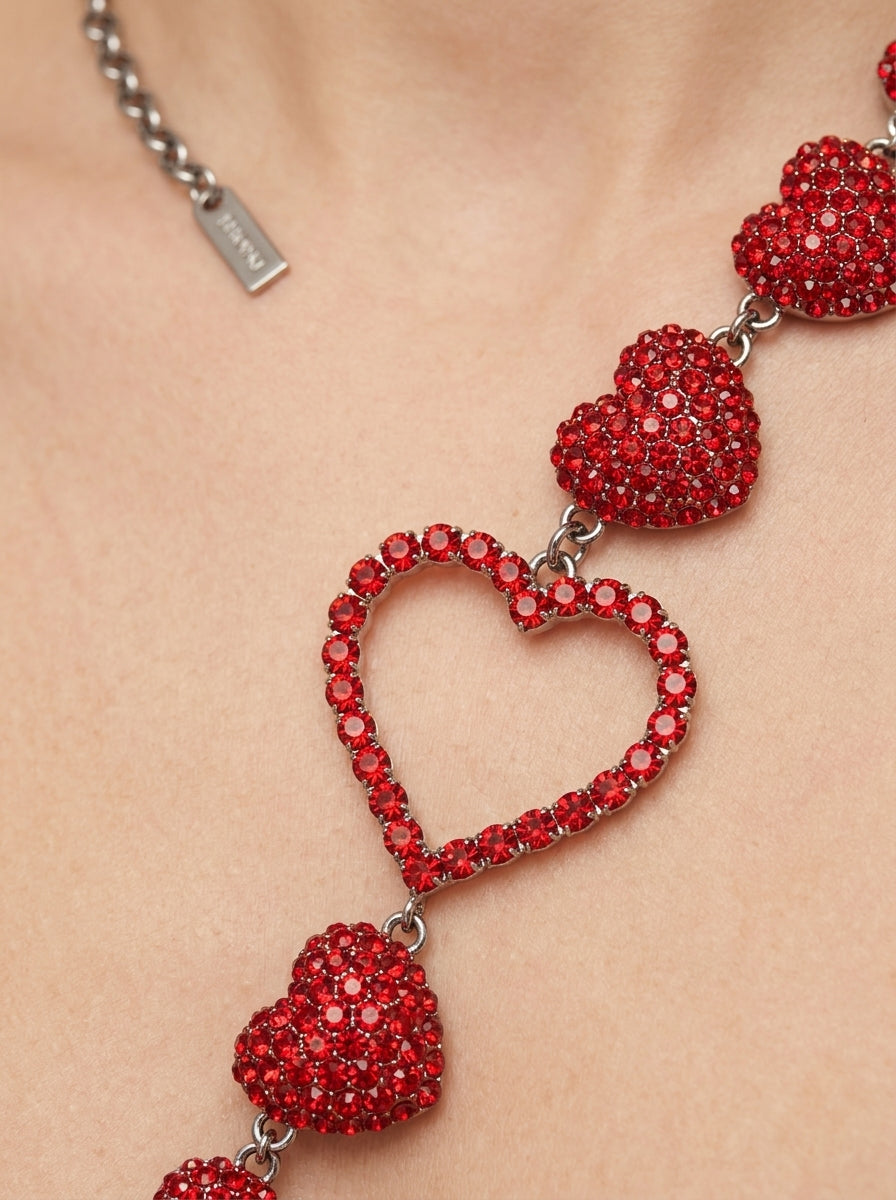 Vintage Moschino Red Hearts Statement Necklace – worn by model, close-up