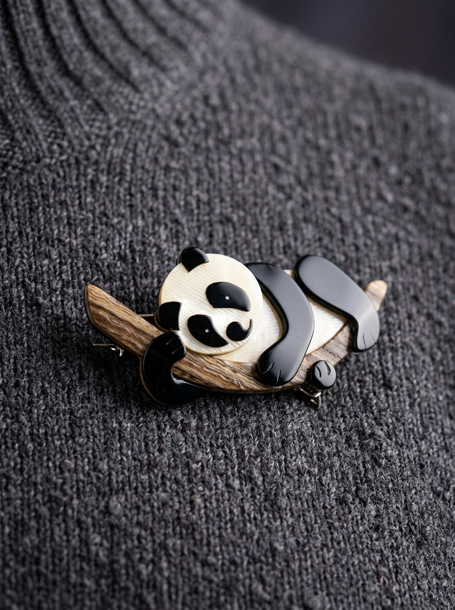 Vintage Lea Stein Panda on Branch Brooch in Rhodoid – worn by model