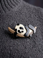 Vintage Lea Stein Panda on Branch Brooch in Rhodoid – worn by model