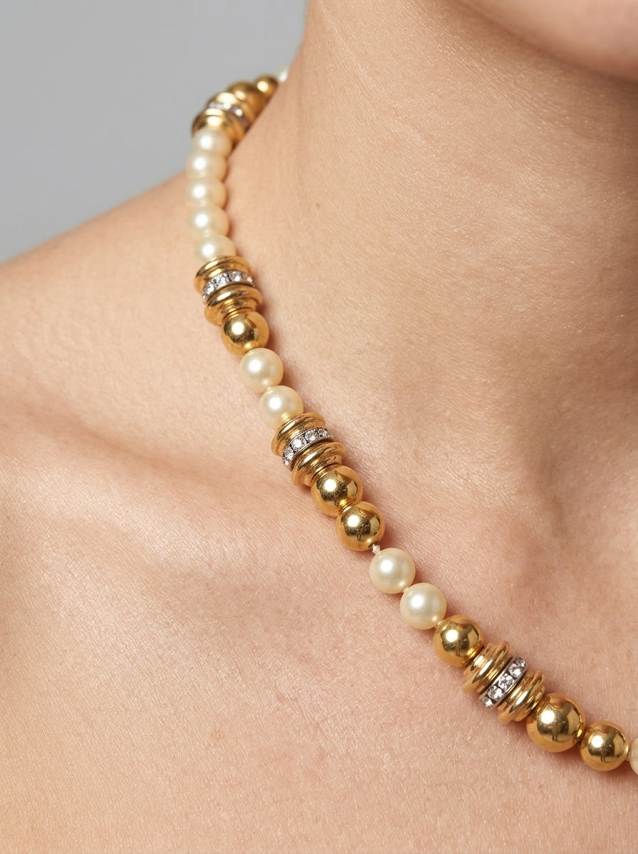 Vintage Christian Dior Long Pearl & Gold Sautoir Necklace – worn by model