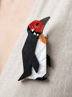 Vintage Lea Stein Penguin Brooch in Rhodoid – worn by model, close-up