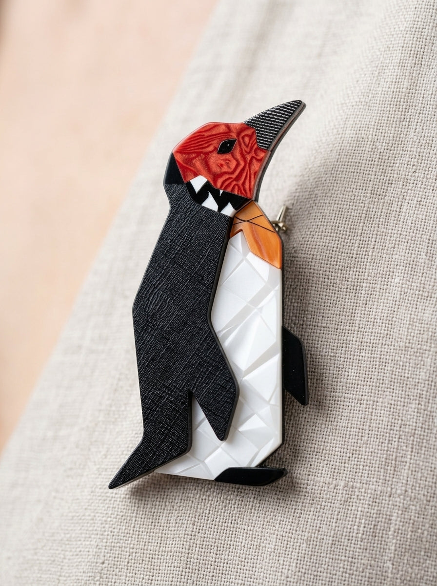 Vintage Lea Stein Penguin Brooch in Rhodoid – worn by model, close-up