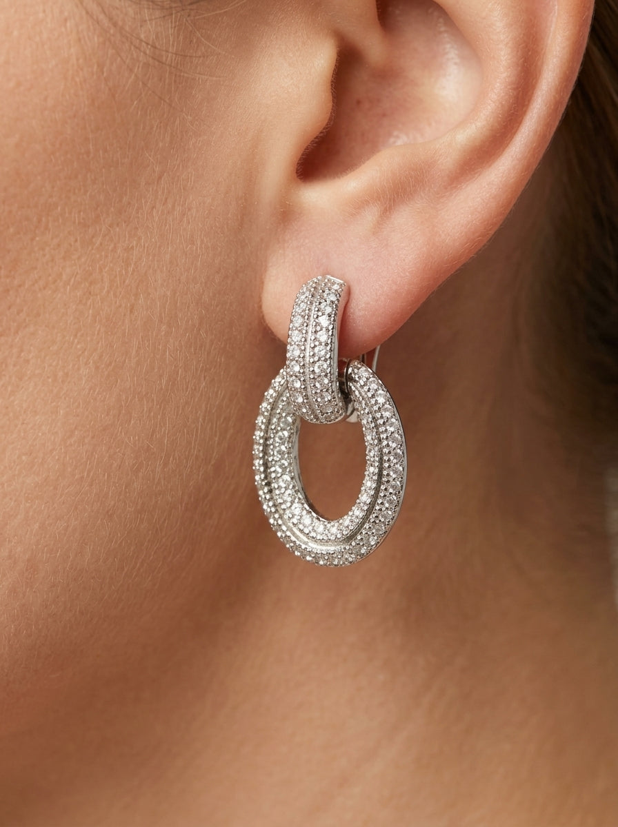 Vintage Christian Dior Crystal Pavé Statement Clip Earrings – worn by model, close-up