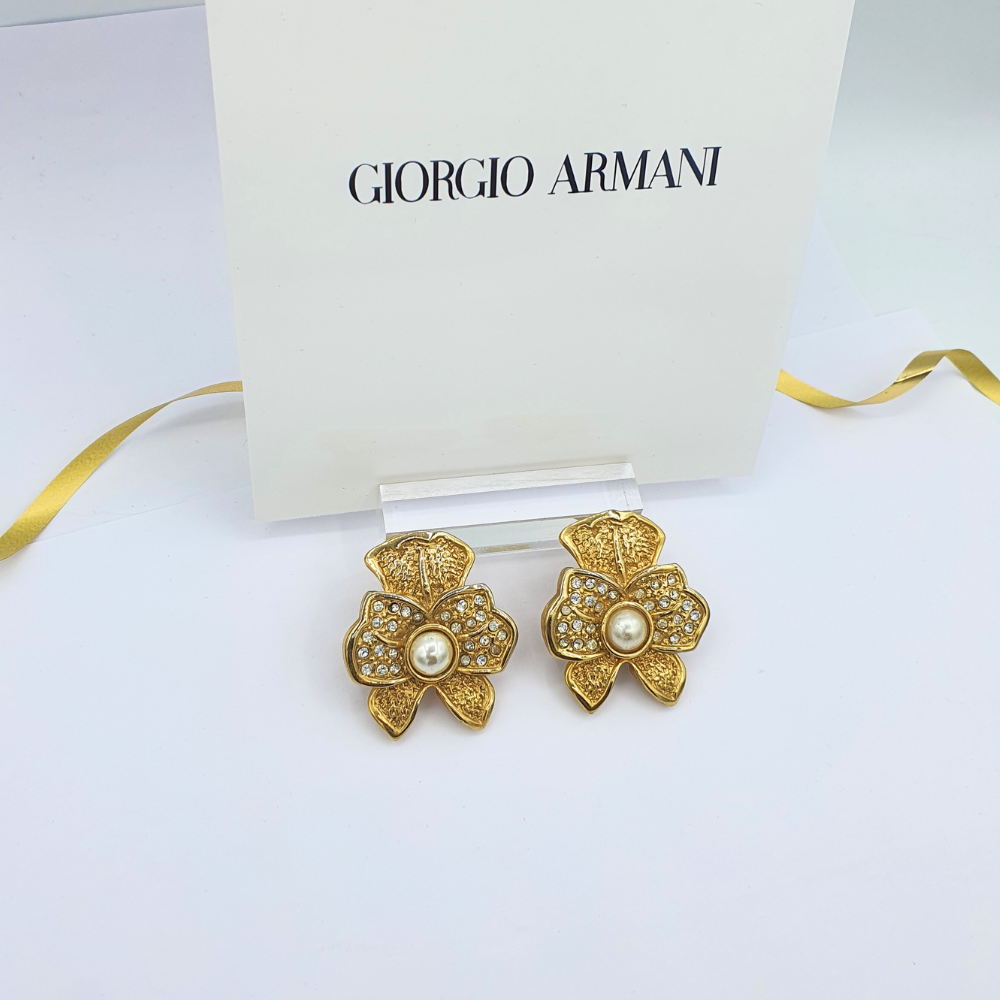 Vintage Giorgio Armani Bow Design Clip Earrings with Pearl and Crystals – view 2