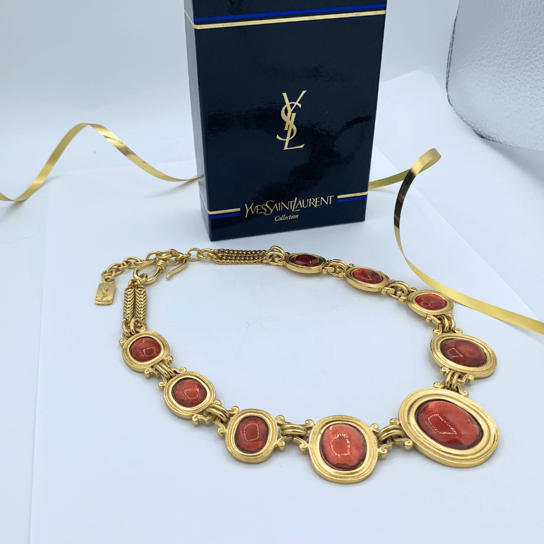 Vintage Yves Saint Laurent Ruby Red Orange Cabochon Necklace – view 2