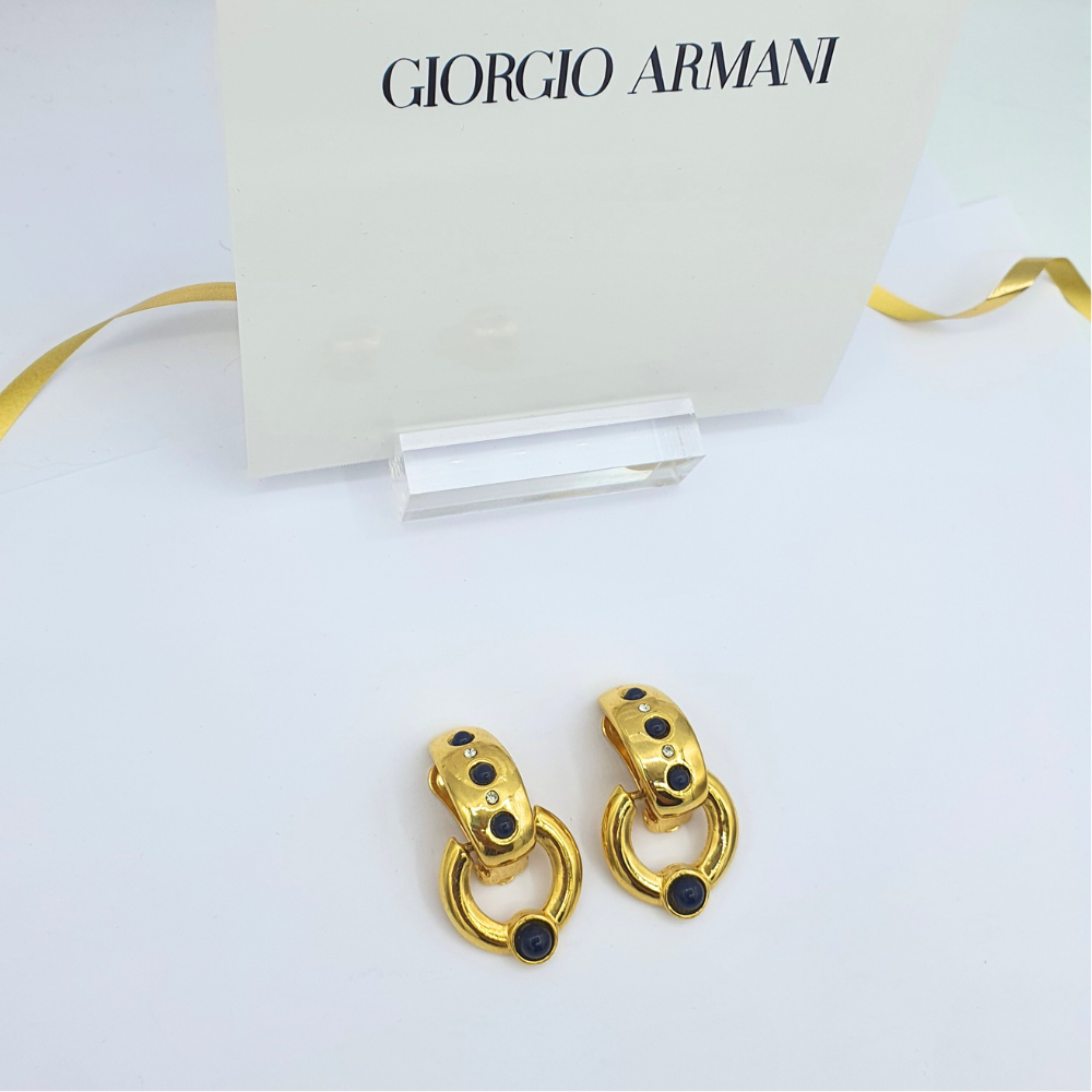 Vintage Giorgio Armani Gilt Design with Dark Blue Cabochons and Crystals – view 4