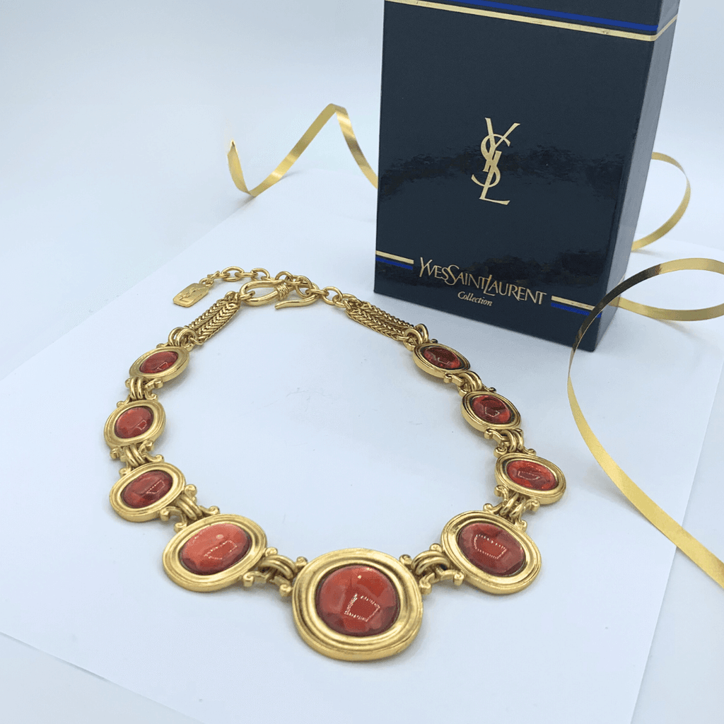Vintage Yves Saint Laurent Ruby Red Orange Cabochon Necklace