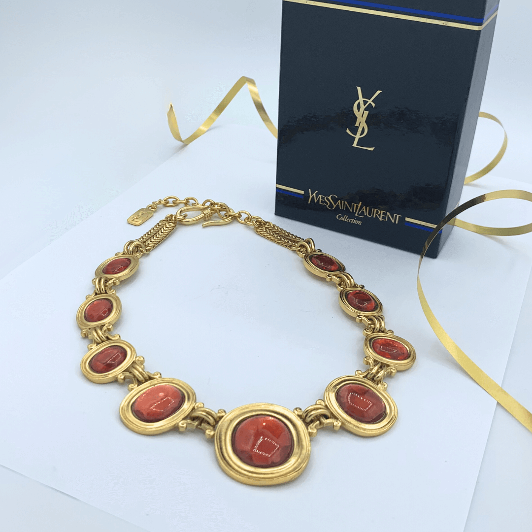 Vintage Yves Saint Laurent Ruby Red Orange Cabochon Necklace