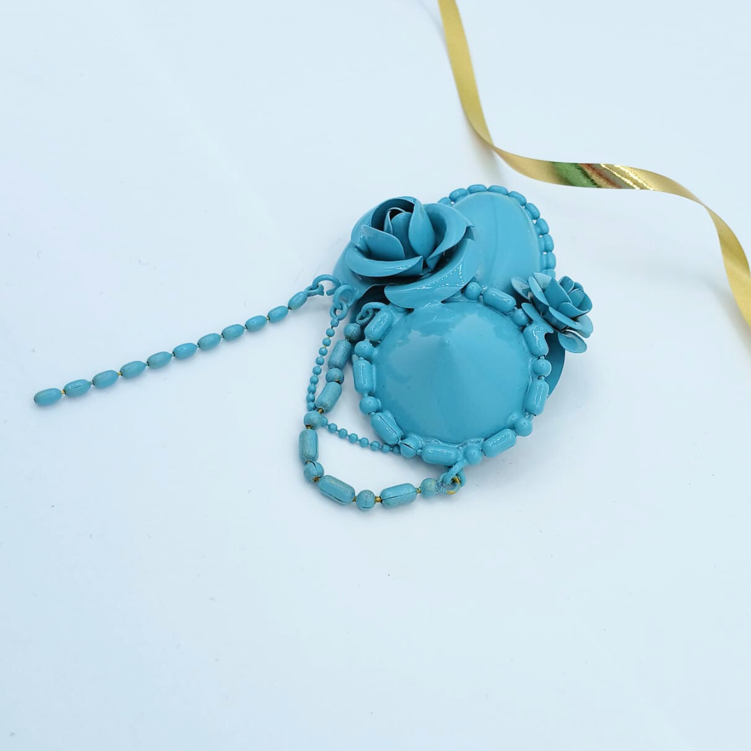 Vintage Moschino Monochrome Brooch in Aqua Blue Floral Motif – view 4