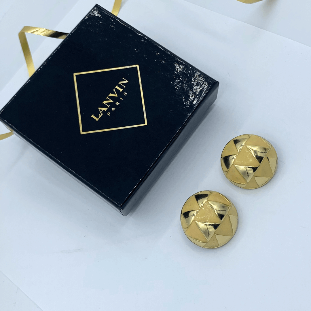 Vintage Lanvin Round Clip Earrings Geometric Pattern