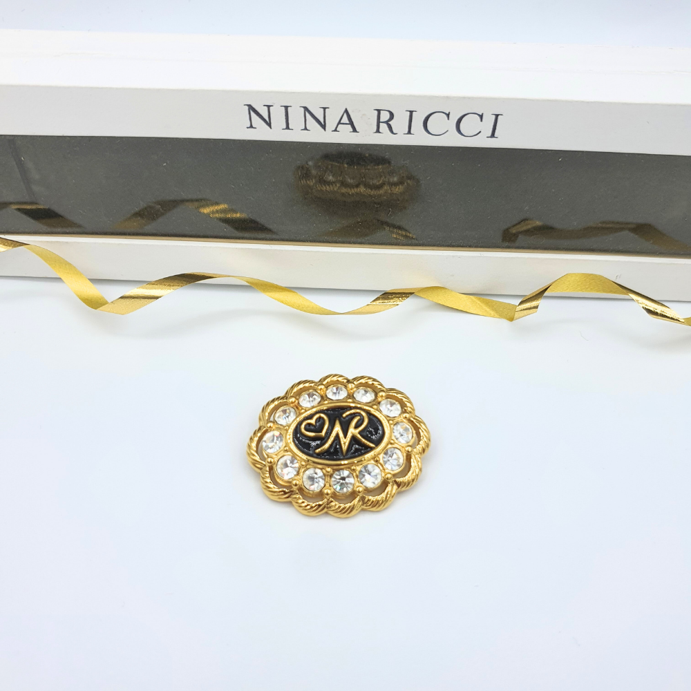 Nina Ricci – Gold-Tone Brooch with Monogram & Crystals, vintage