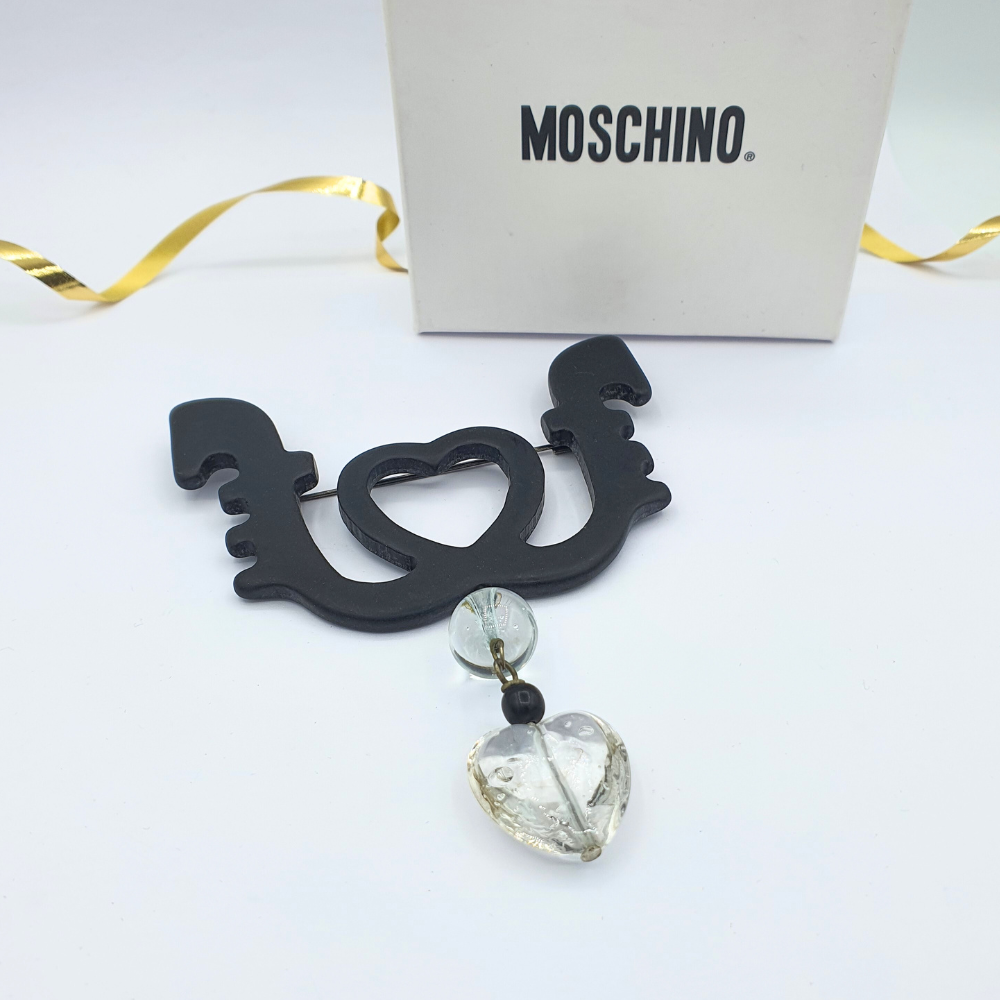 Vintage Moschino Brooch with Black Heart Motif and Glass Pendant – view 2