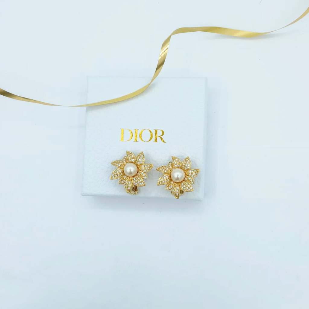 Vintage Christian Dior Open Flower Faux Pearl Earrings 1970s – view 3