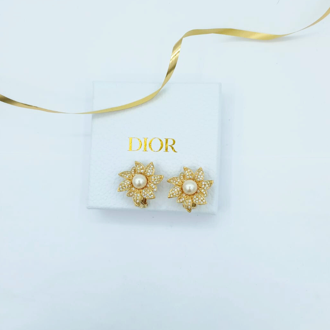 Vintage Christian Dior Open Flower Faux Pearl Earrings 1970s – view 3