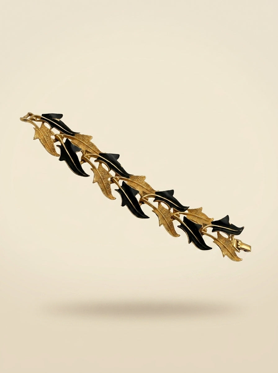 Vintage Trifari Black Enamel & Gold-Tone Leaf Statement Bracelet – detail view
