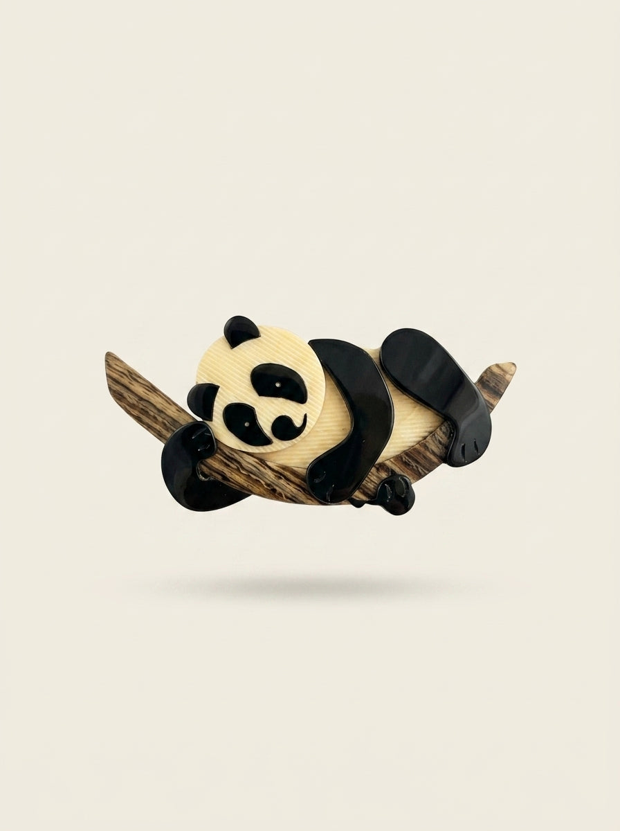 Vintage Lea Stein Panda on Branch Brooch in Rhodoid – detail view