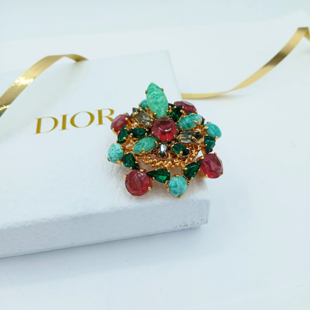 Vintage Signed Christian Dior Brooch – 1964 – Henkel & Grosse | Ruby Red, Emerald & Turquoise