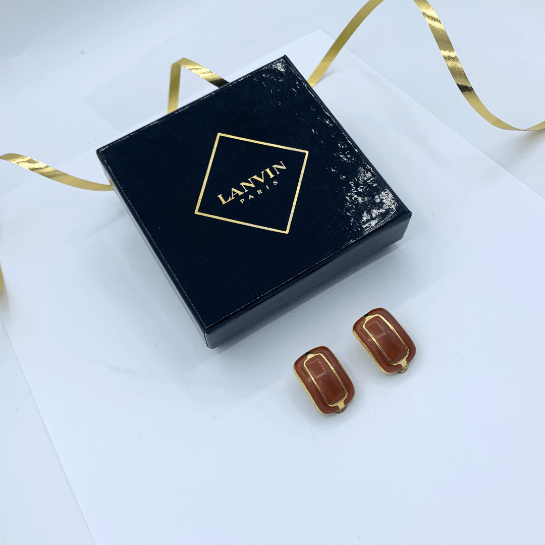 Vintage Lanvin Rectangular Amber-Coloured Clip Earrings