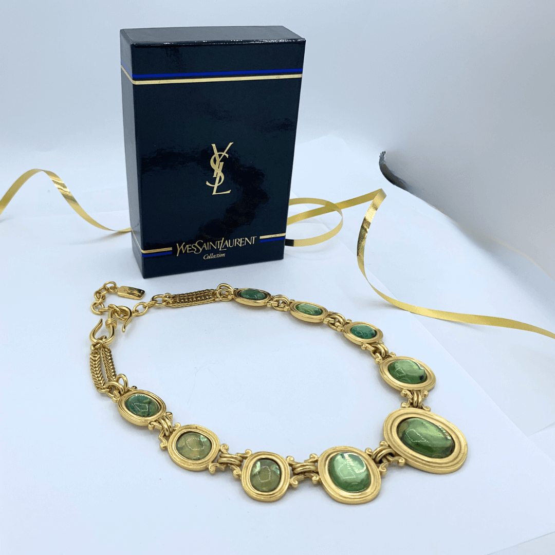 Vintage Yves Saint Laurent Bright Green Cabochon Necklace – view 2