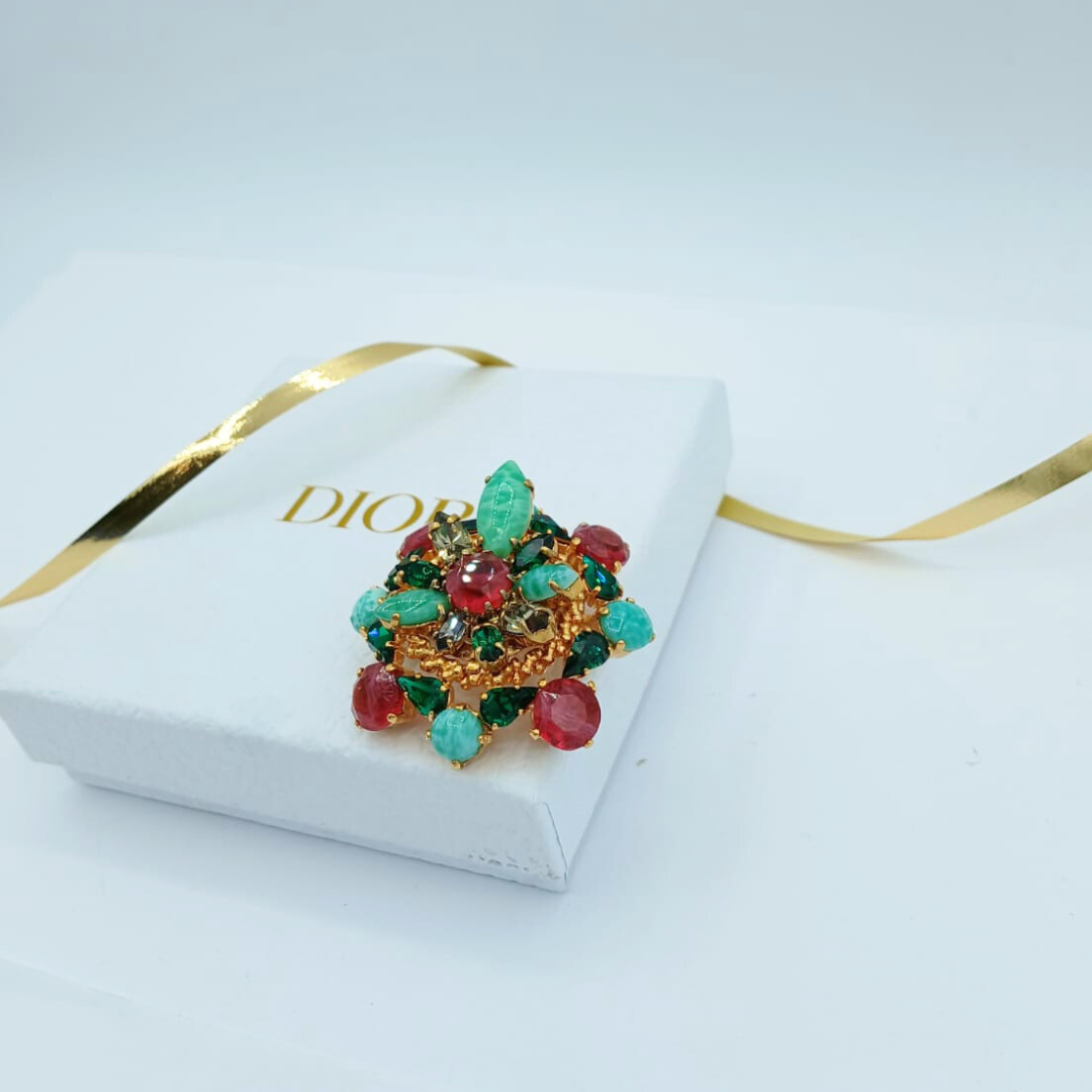 Vintage Signed Christian Dior Brooch – 1964 – Henkel & Grosse | Ruby Red, Emerald & Turquoise – view 4
