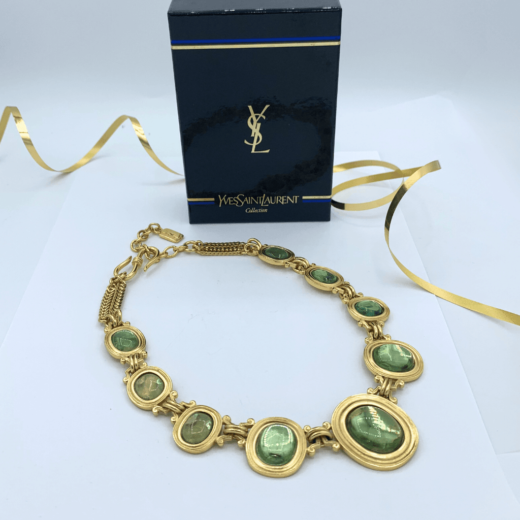 Vintage Yves Saint Laurent Bright Green Cabochon Necklace