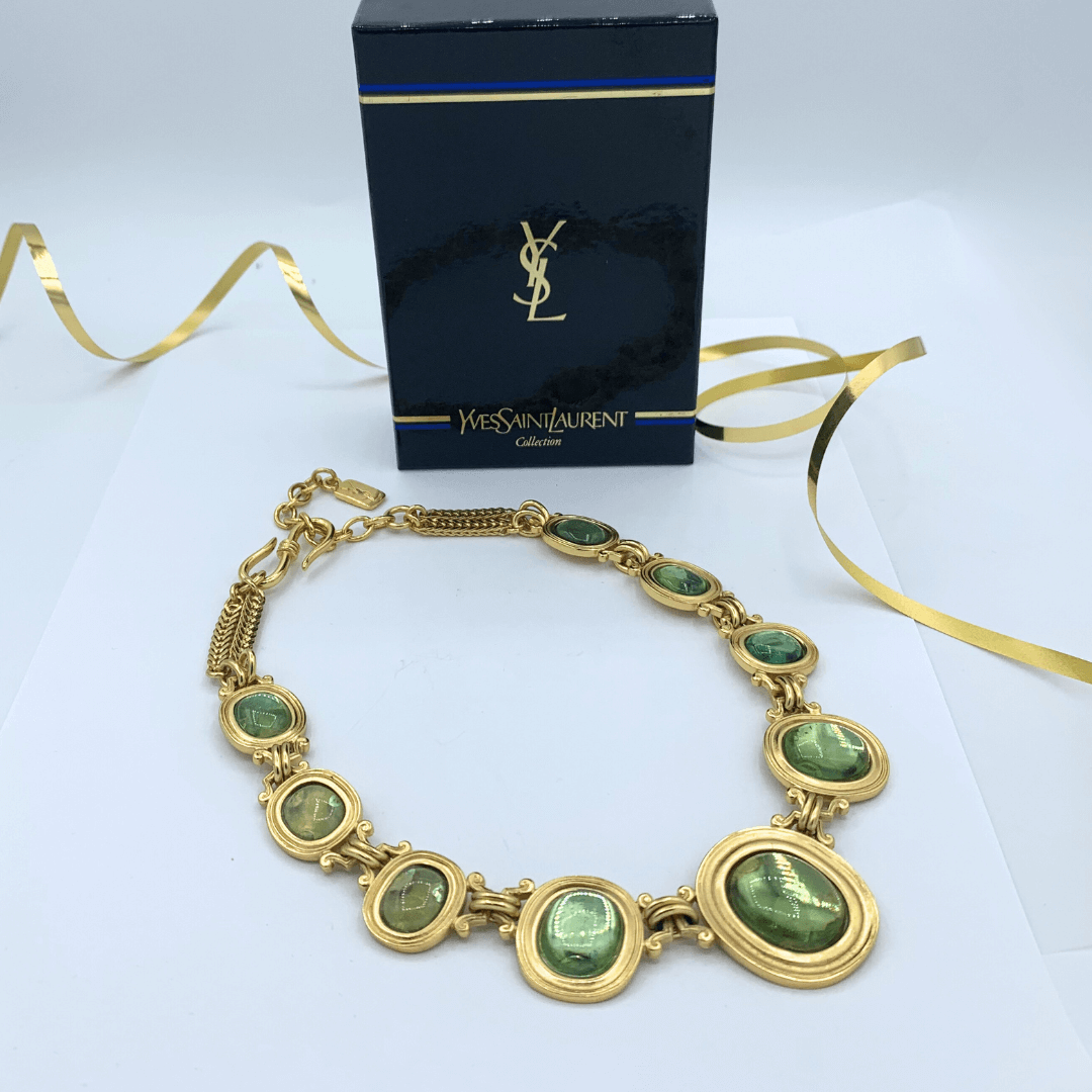 Vintage Yves Saint Laurent Bright Green Cabochon Necklace