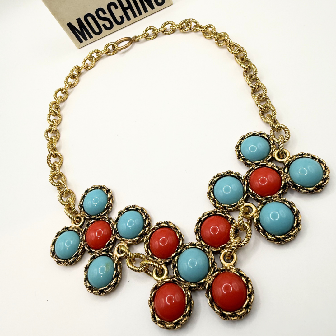Moschino – Vintage Statement Necklace with Turquoise and Coral-Coloured Cabochons