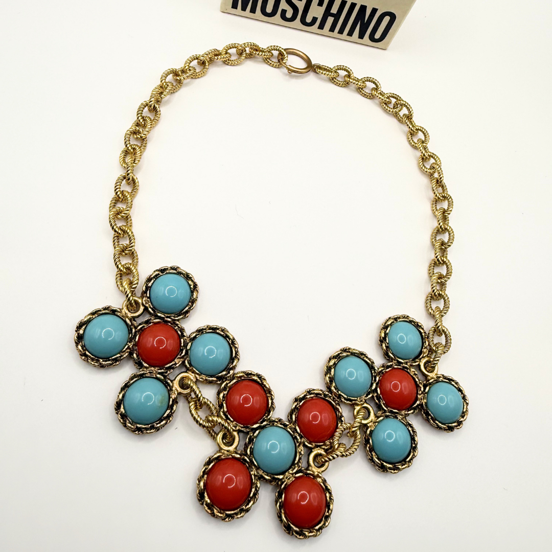 Moschino – Vintage Statement Necklace with Turquoise and Coral-Coloured Cabochons – view 2