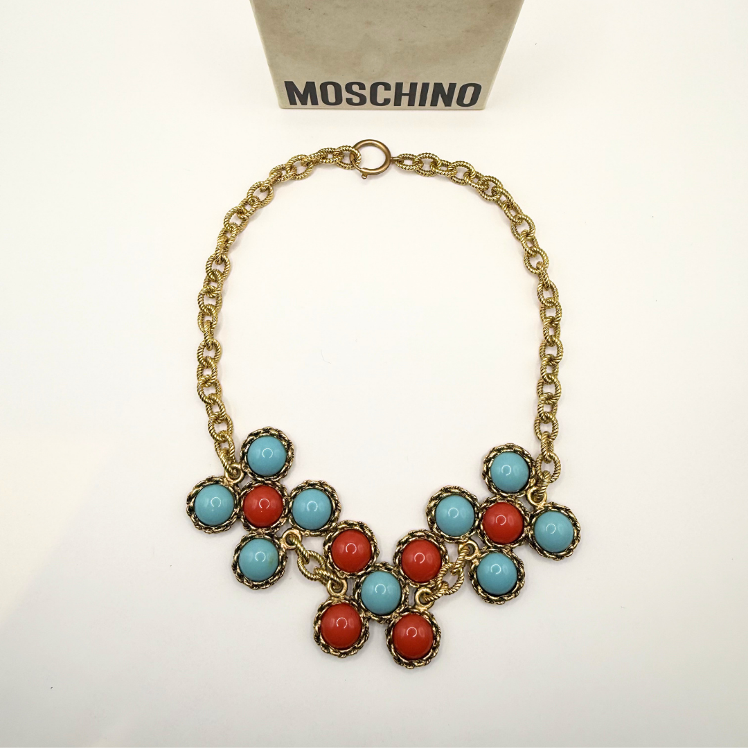 Moschino – Vintage Statement Necklace with Turquoise and Coral-Coloured Cabochons – view 3