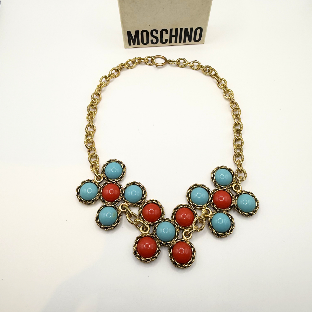 Moschino – Vintage Statement Necklace with Turquoise and Coral-Coloured Cabochons – view 4