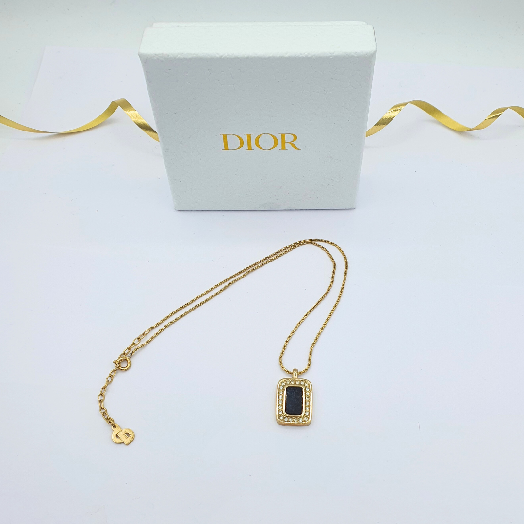 Vintage Black Christian Dior Necklace with Rectangular Pendant