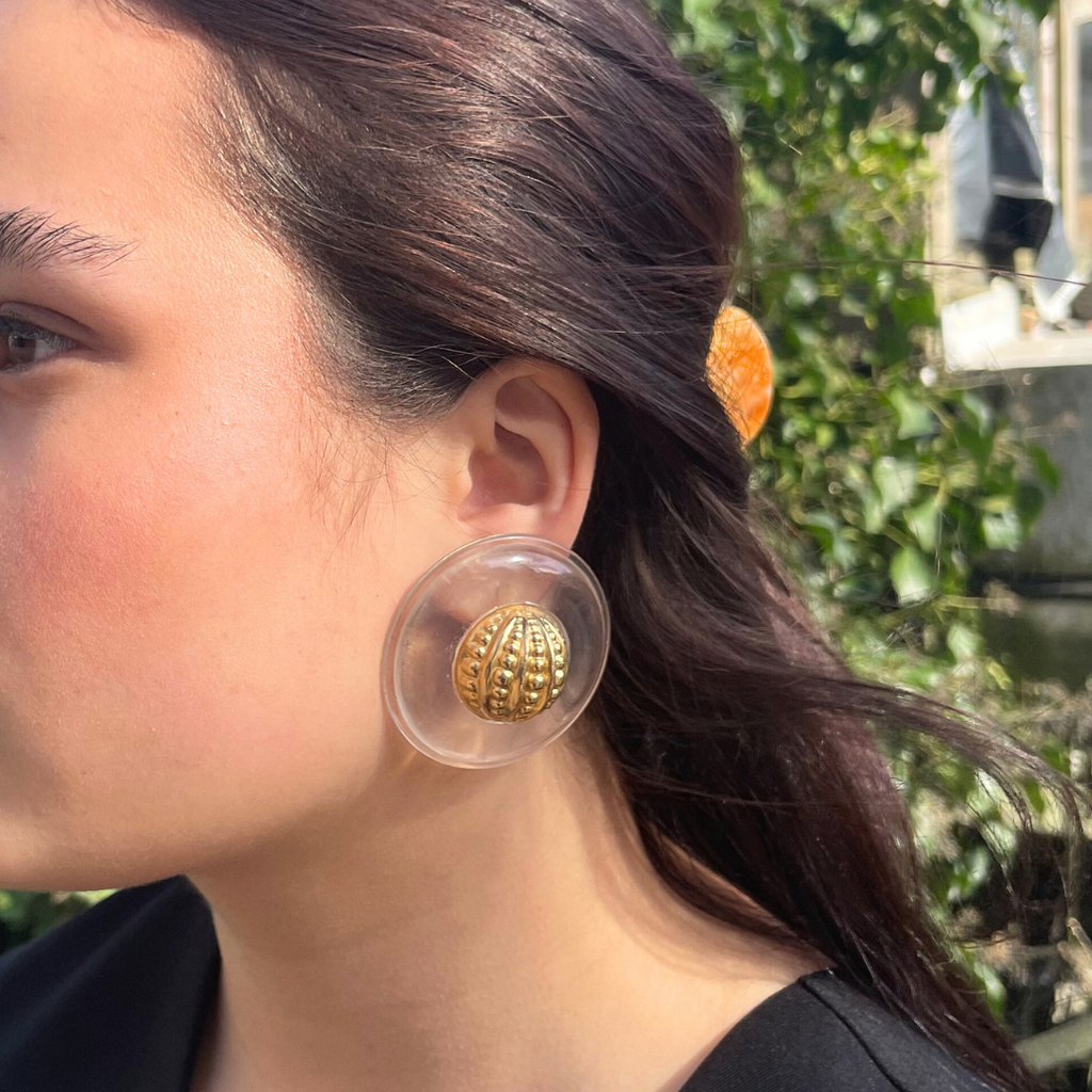Vintage Moschino Central Gilt Sphere with Relief Texture Clip Earrings – view 3