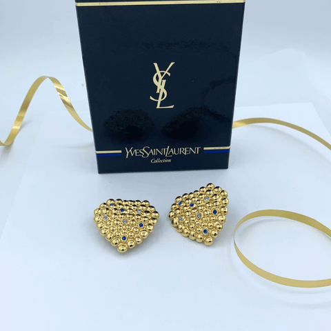 Yves Saint Laurent Crystal Blue Heart Shaped Clip Earrings