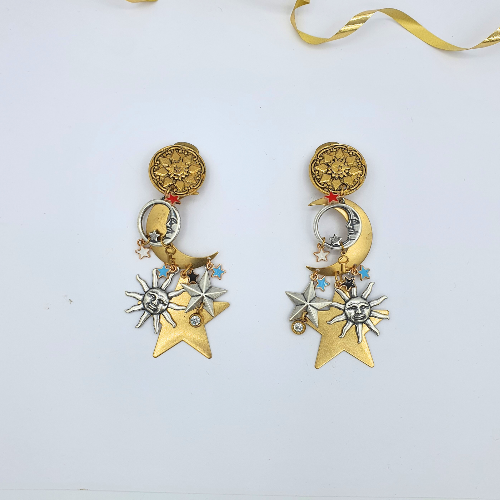 Vintage Zoe Coste Charms Sun Moon Stars Clip Earrings