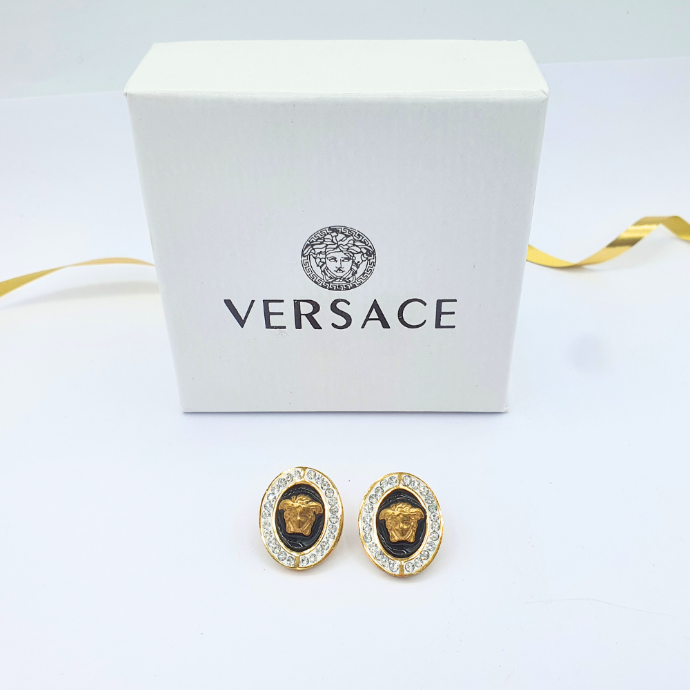 Vintage Oval Versace Earrings Black Gold