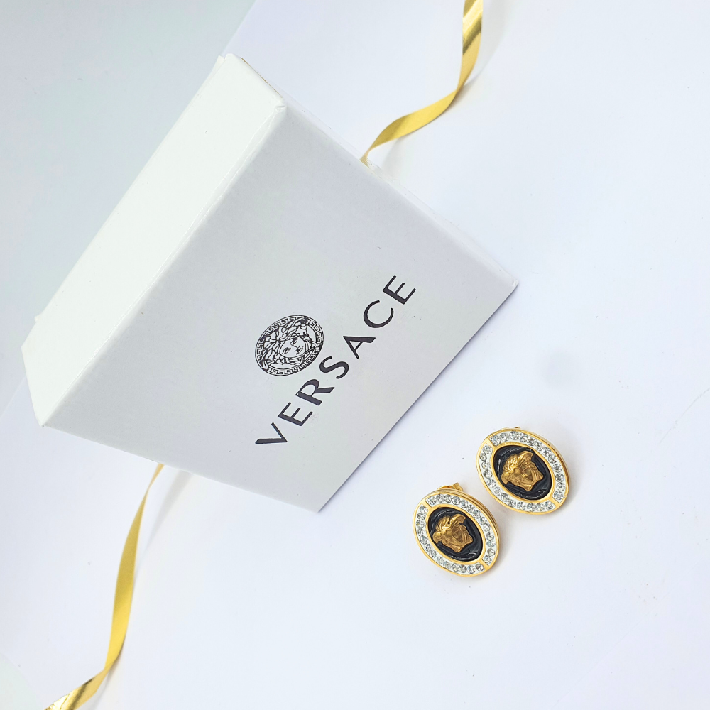 Vintage Oval Versace Earrings Black Gold – view 2