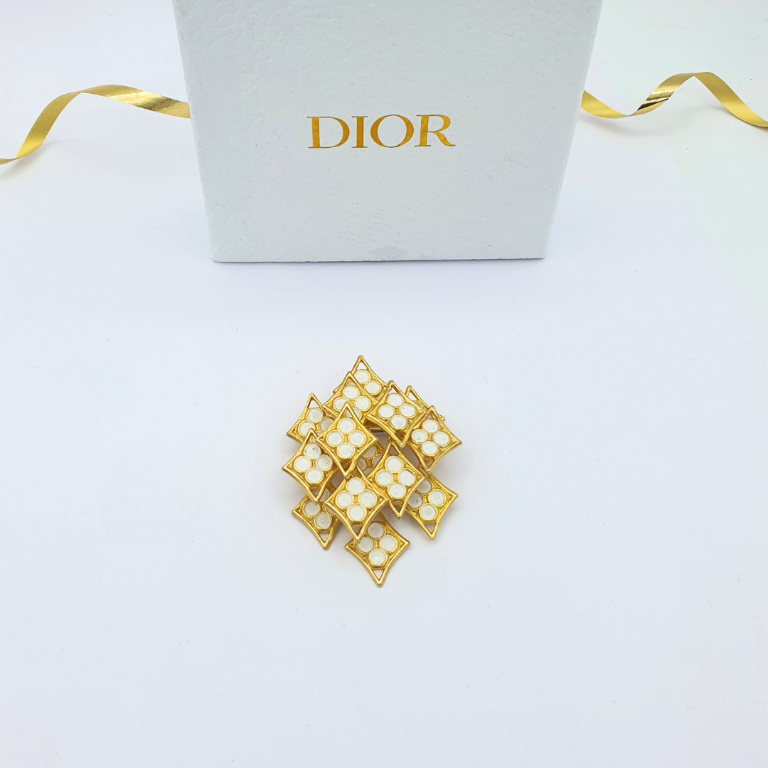 Vintage Christian Dior Diamond-Shaped White Enamel Brooch 1968 – view 2