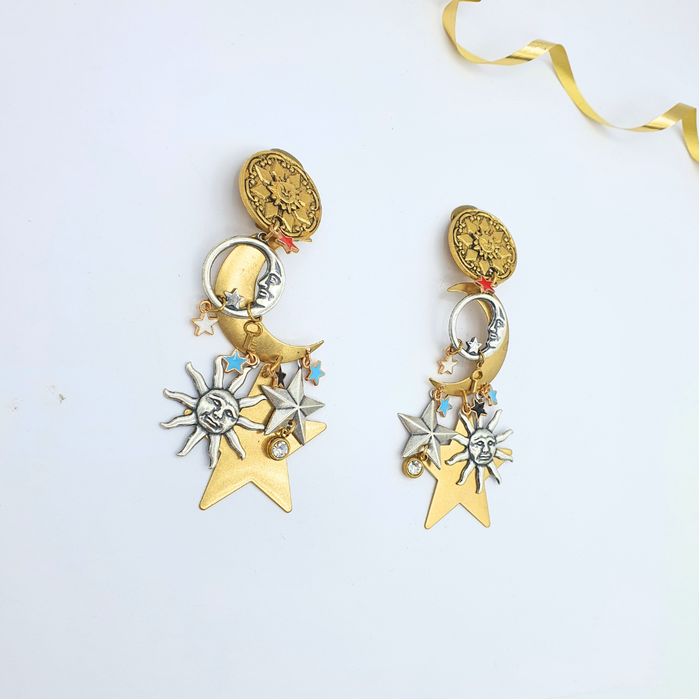 Vintage Zoe Coste Charms Sun Moon Stars Clip Earrings – view 2