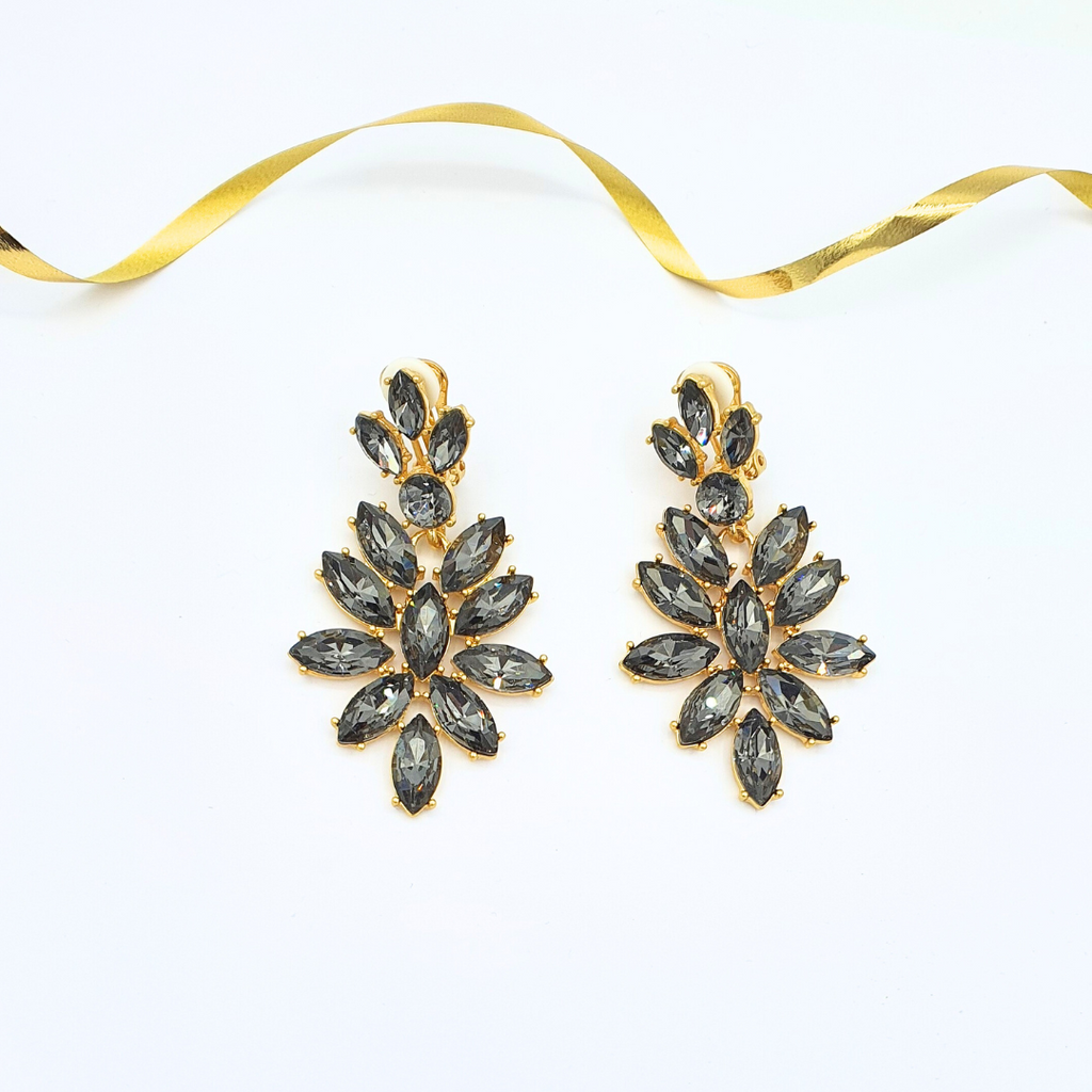 Vintage Oscar de la Renta Black Crystal Chandelier Clip Earrings