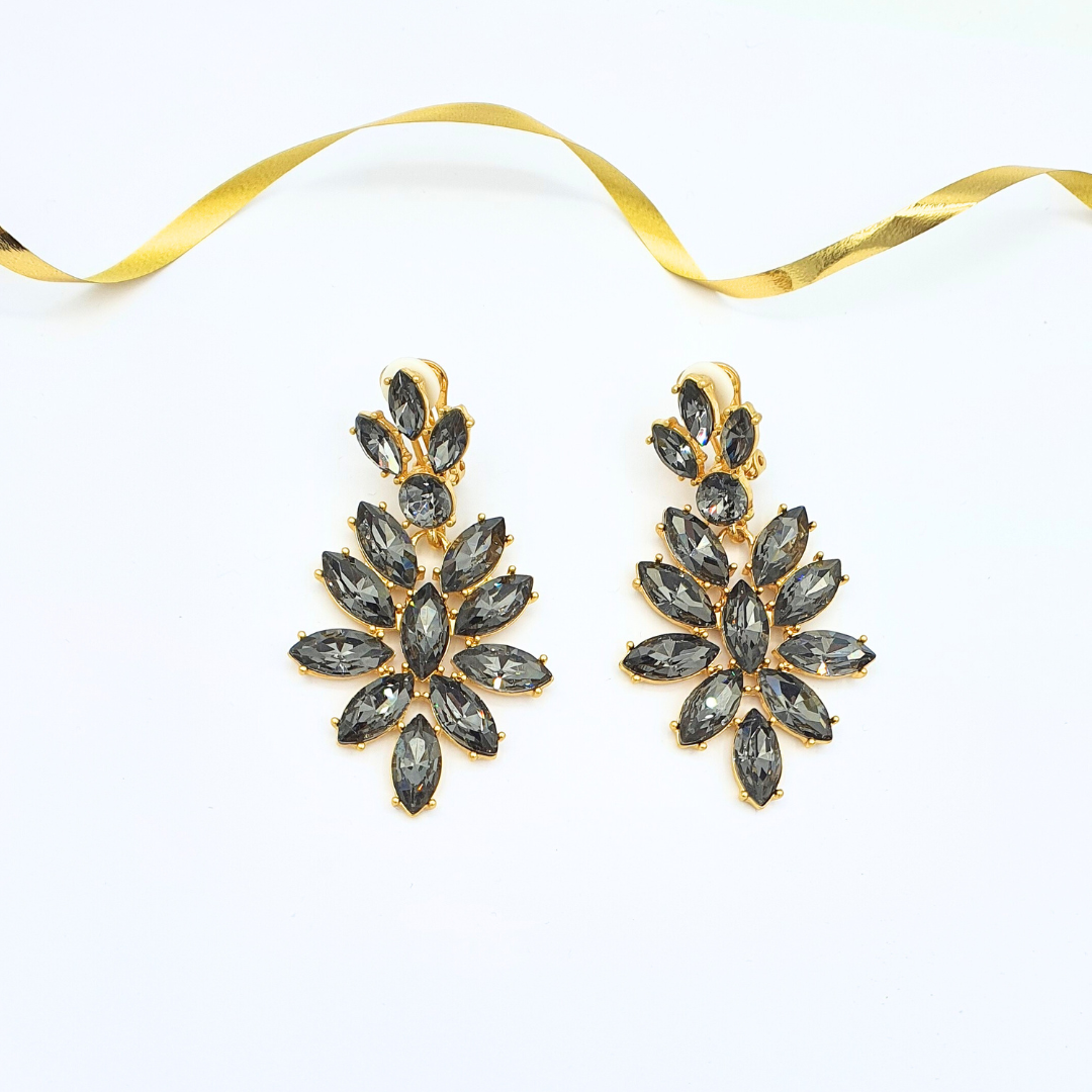 Vintage Oscar de la Renta Black Crystal Chandelier Clip Earrings