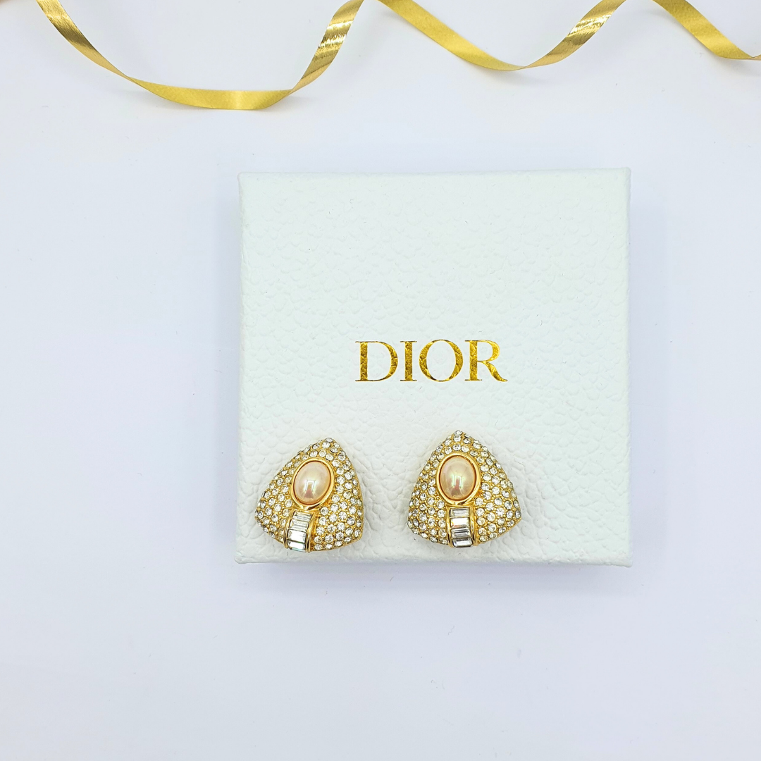 Vintage Christian Dior Triangular Faux Pearl Clip Earrings